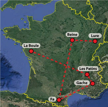 La Boule, Les Patins, Gache, Fa, Beine & Lure sur une carte de France