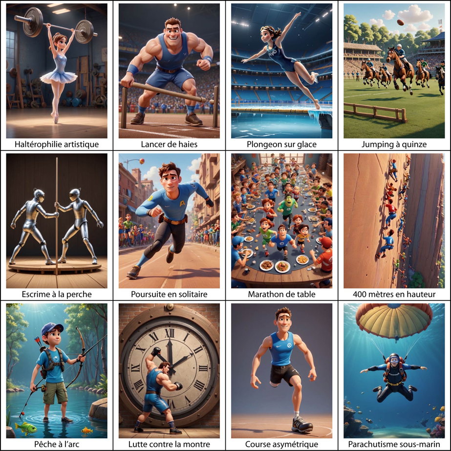 Haltérophilie artistique / Lancer de haies / Plongeon sur
glace / Jumping à quinze / Escrime à la perche / Poursuite en
solitaire / Marathon de table / 400 mètres en hauteur / Pêche à
l'arc / Lutte contre la montre / Course asymétrique /
Parachutisme sous-marin
