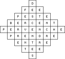 Croisillon 9x9 diagonal sans noirs : [H] Fée - Peste - Bercent - Pervenche - Prendre - Entre - Tee // [V] B.E.P. - Perré - Fervent - Descentes - Étendre - Encre - Thé